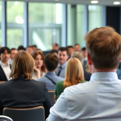 Fotografia de evento corporativo mostrando participantes em uma palestra.