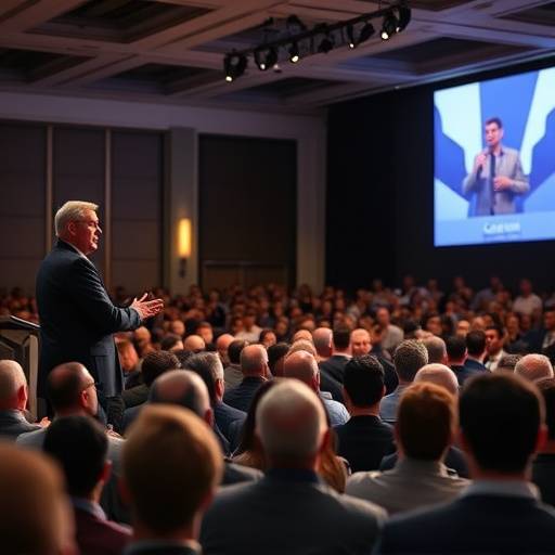 Fotografia de evento corporativo: Palestrante no palco com o público.