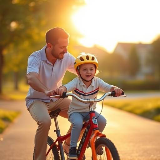Pai ensinando seu filho a andar de bicicleta em um momento de cumplicidade.